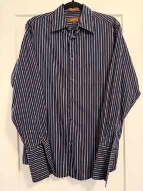 Tasso Elba Navy and White Vertical Stripe Dress Shirt